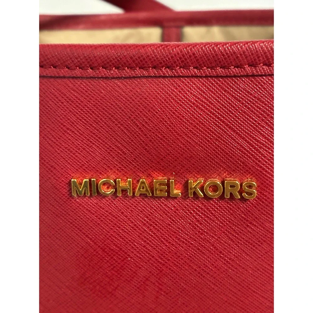 Michael Kors Brown Red Logo Tote Bag Gold‎ Hardware Saffiano Trim Large New